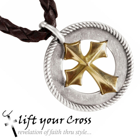 Concho Cross - Mens Christian Western Style Concho with a Rope Edge Necklace