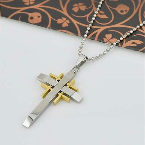 Christian Cross Stainless steel silver necklace with gold inserts