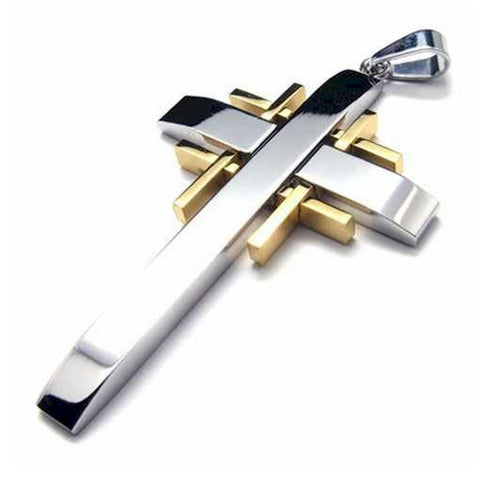 Christian Cross Stainless steel silver necklace with gold inserts