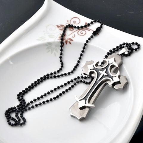 Men's silver cross black layered christian necklace - LYC