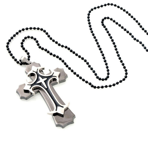 Men's silver cross black layered christian necklace - LYC