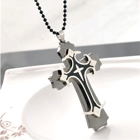 Men's silver cross black layered christian necklace - LYC