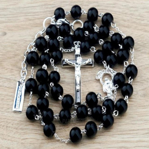 D & B Beckham Style Christian Black Bead Chain Rosary Cross Fashion Pendant