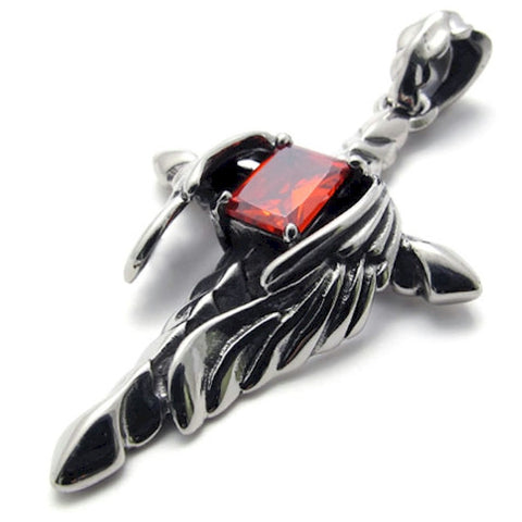 Stainless Steel Cross Necklace Red Stone Angel Wings Titanium Pendant