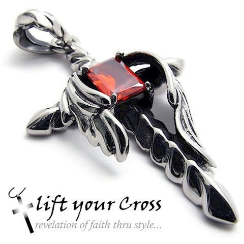 Stainless Steel Cross Necklace Red Stone Angel Wings Titanium Pendant